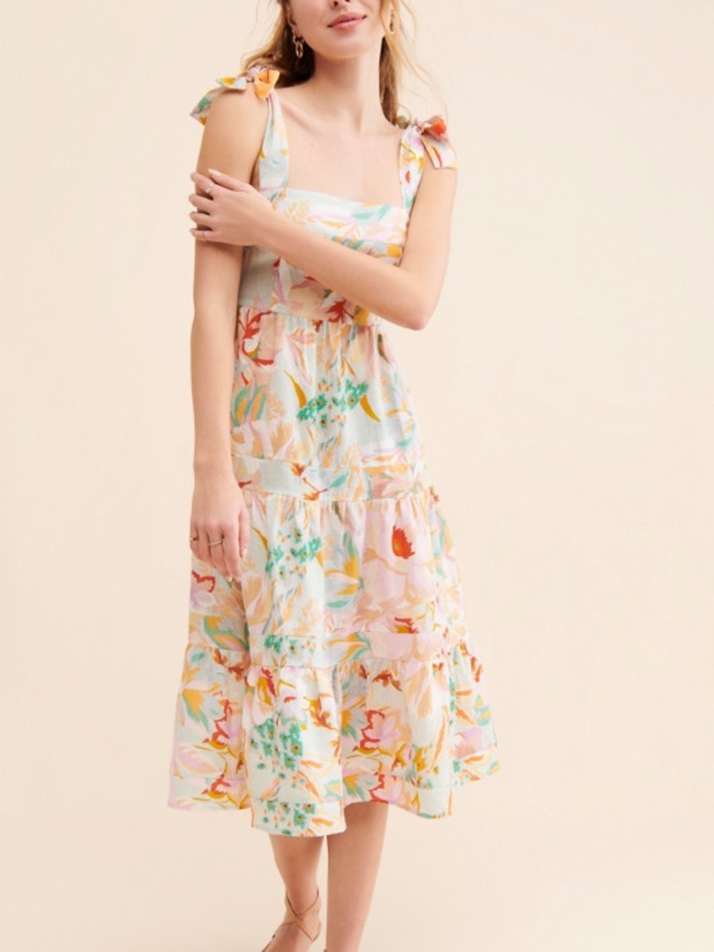 Anthropologie Kachel Tiered Floral Tie-Shoulder linen Sundress Pastel Multicolor